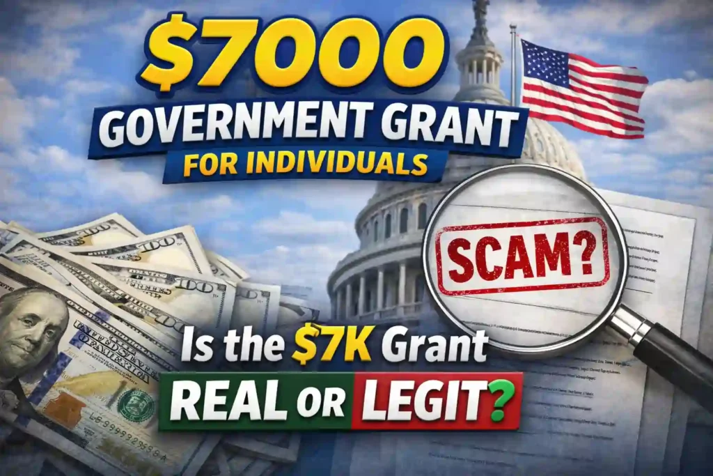 Thumbnail showing $7000 government grant for individuals with U.S. Capitol, dollar bills, and question asking if the $7K government grant is real or a scam