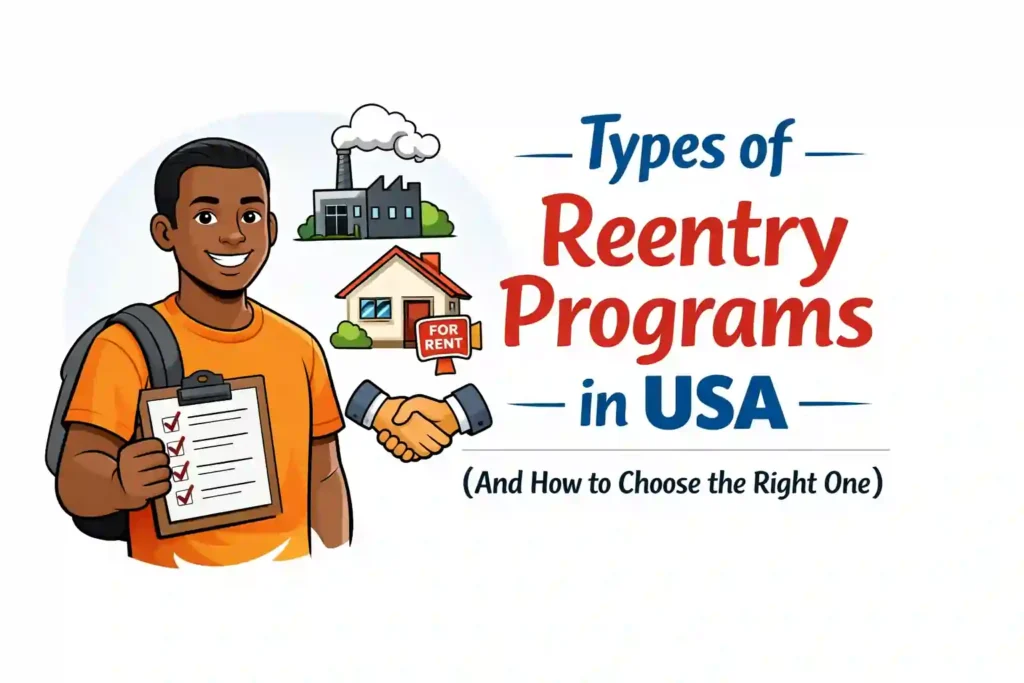 Types of Reentry Programs in USA 2026 illustration showing returning citizen with checklist, housing, jobs, and support icons