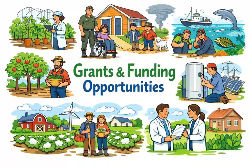 Illustration of federal government grants for individuals in the USA 2026 featuring students, farmers, and scientists accessing funding opportunities